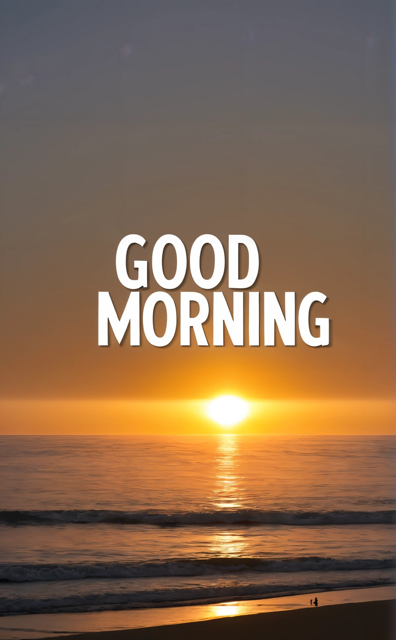 A picture of the sun setting over the ocean with the words good morning in white over the image of the ocean and the sun setting over the horizon, morning, a picture, dau-al-set