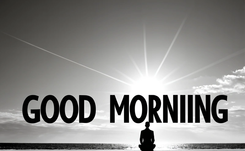 A man standing in front of the sun with the words good morning in the background and a person sitting on the beach in the foreground, morning, a stock photo, dau-al-set