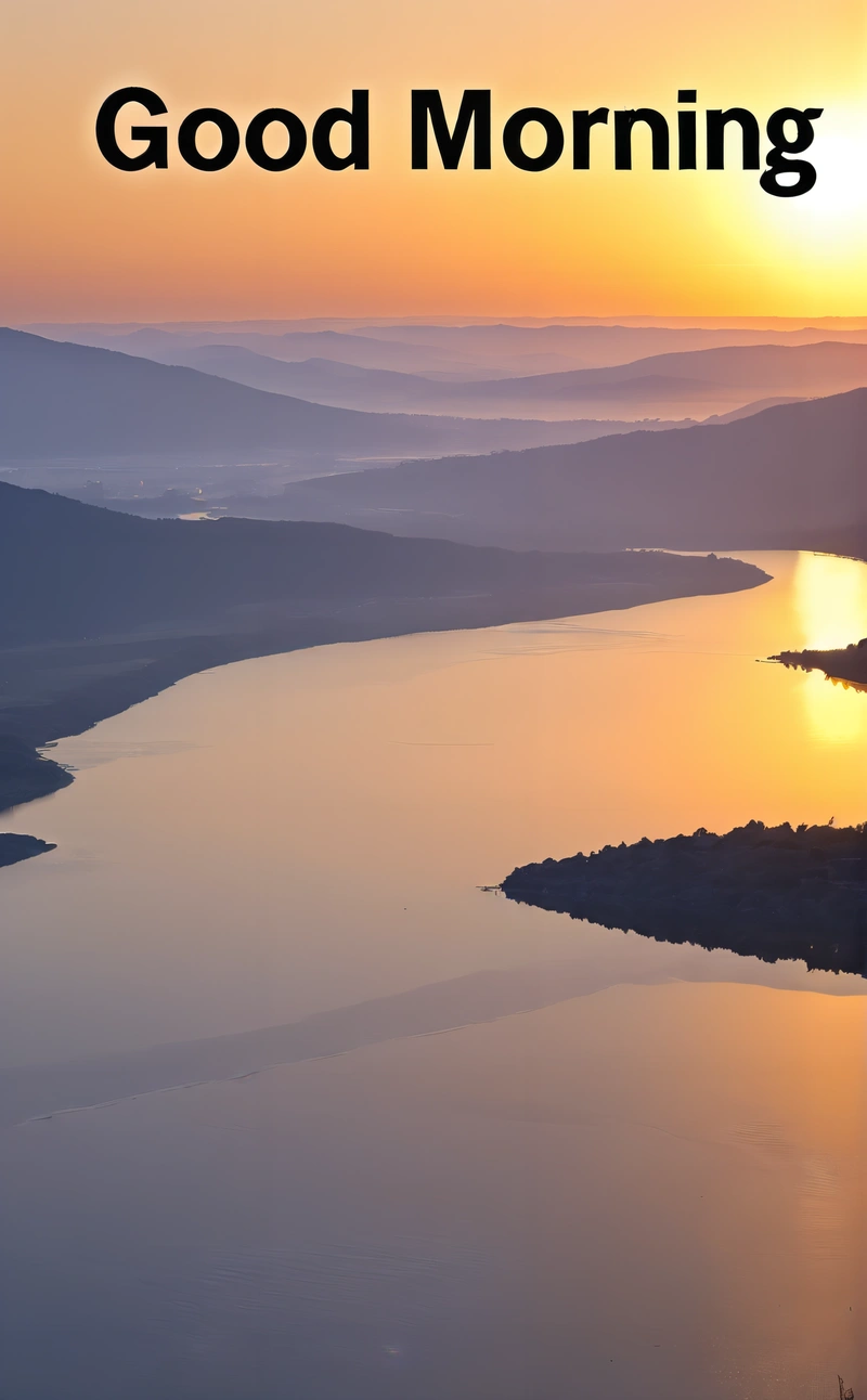 A picture of a lake with the words good morning on it and a sunset in the background with the words, good morning on it, 4k uhd image, an ultrafine detailed painting, hudson river school