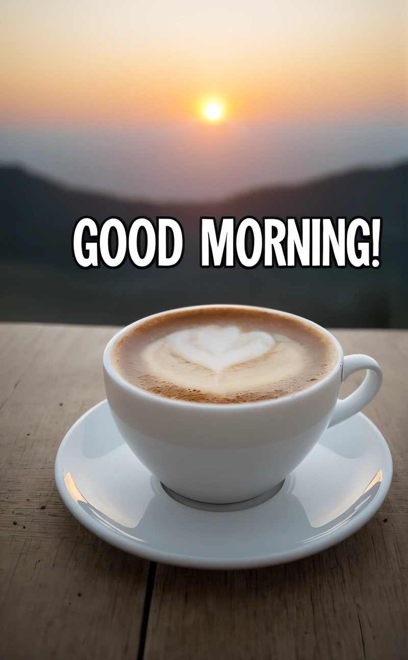 A cup of coffee with a heart in it on a table with the sun setting in the background and a good morning message in the middle, morning, a stock photo, dau-al-set