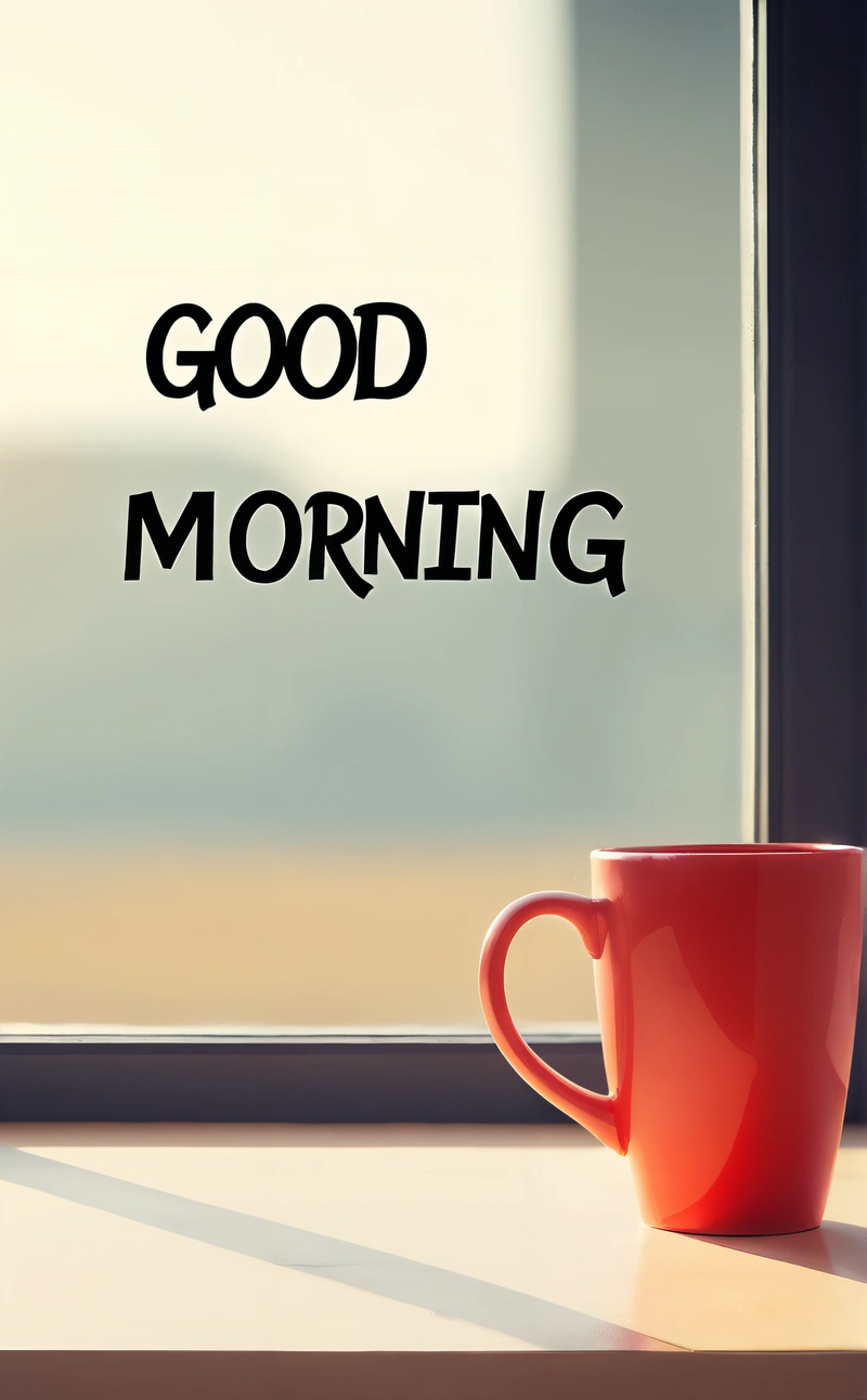 A red coffee cup sitting on a window sill next to a window sill with the words good morning written on it and a window sill, morning, a stock photo, dau-al-set