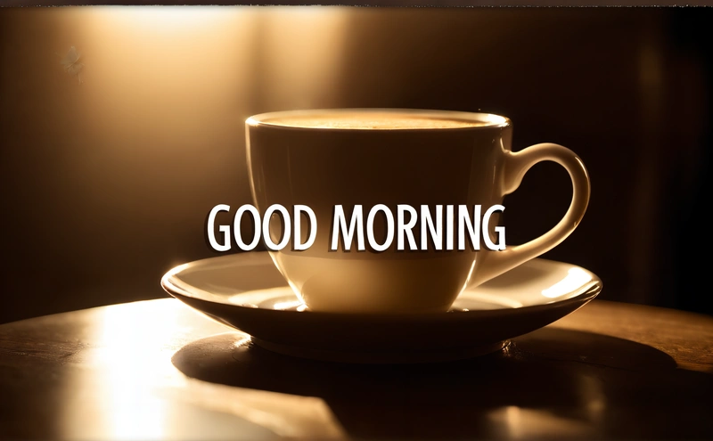 A cup of coffee sitting on top of a saucer on a table with the words good morning written on it in front of it, morning, a 3d render, dau-al-set