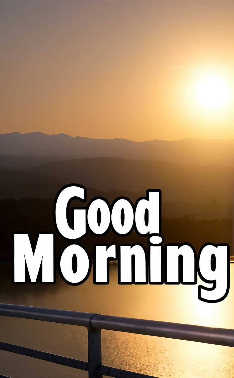 A picture of a sunset with the words good morning on it and a picture of a bridge over water with mountains in the background and a sunset, morning, a digital rendering, dau-al-set