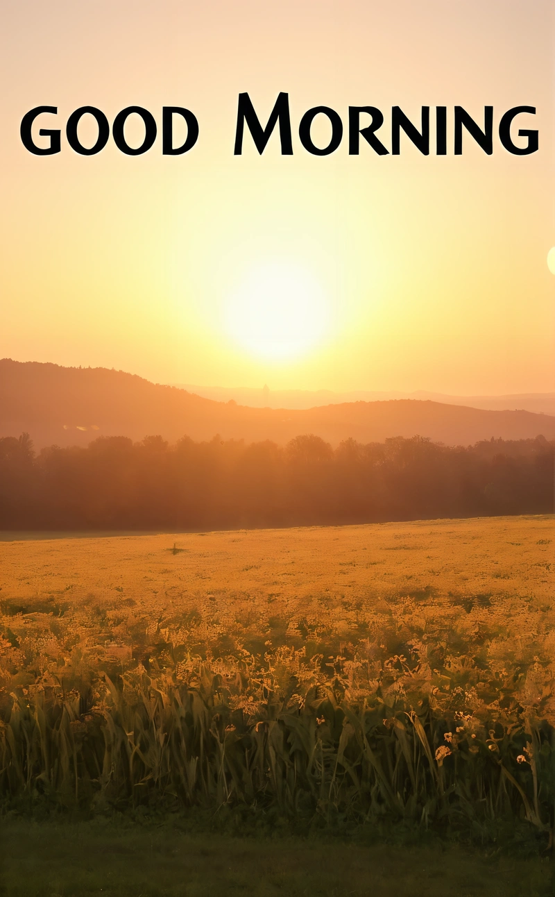 A field with a sunset in the background and a horse in the foreground with the words good morning in the middle of the picture, anamorphic lens flare, a matte painting, color field