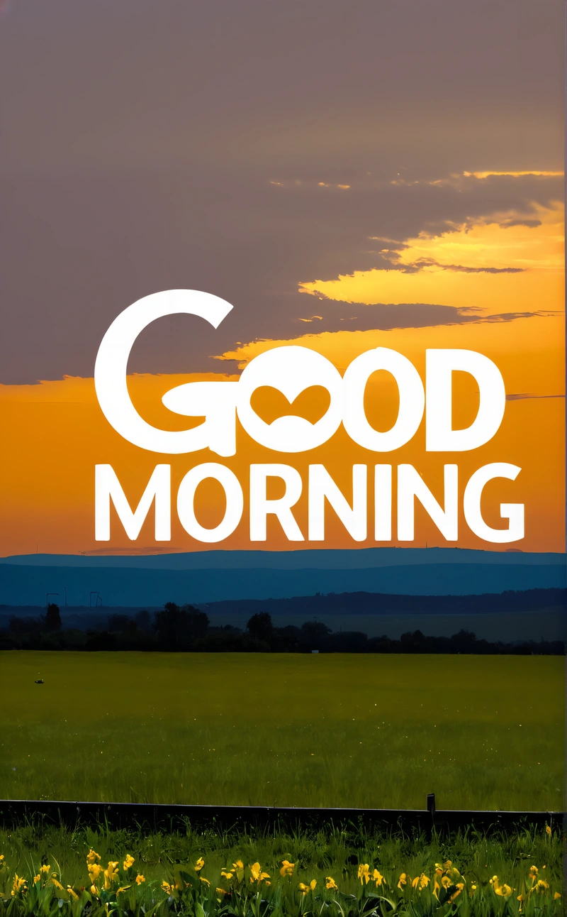 A picture of a field with a sunset in the background and the words good morning in white on the image of a field with yellow flowers, morning, a digital rendering, dau-al-set