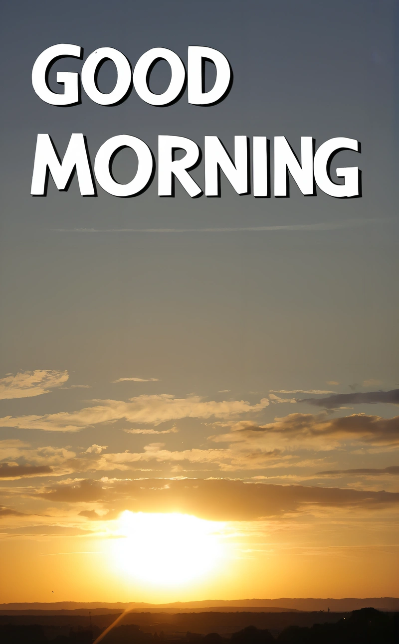 A picture of a sunset with the words good morning in the middle of it and a plane flying in the sky above it with the sun, book cover, a digital rendering, dau-al-set