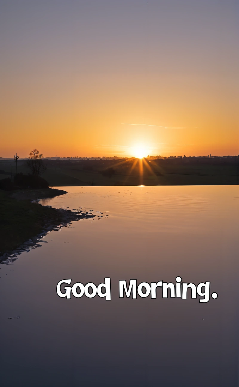 A sunset with a quote that says good morning on it's side and a lake in the foreground with a sunset in the background, morning, a stock photo, dau-al-set