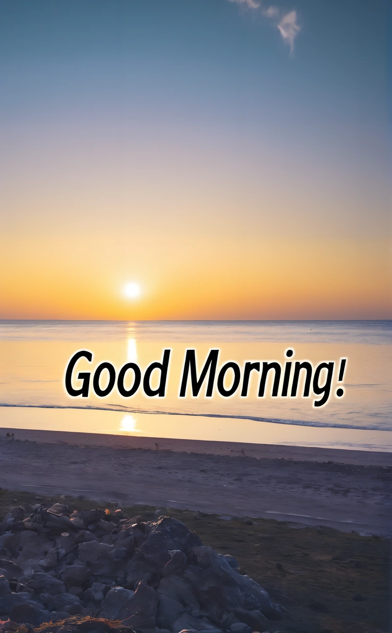A picture of a sunset with the words good morning in the middle of it and a beach in the background with rocks and sand on the shore, bright morning, a stock photo, dau-al-set