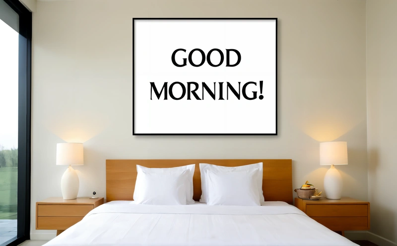 A bed with a white comforter and pillows in a room with a picture on the wall above it that says good morning on the wall, morning, a digital rendering, dau-al-set