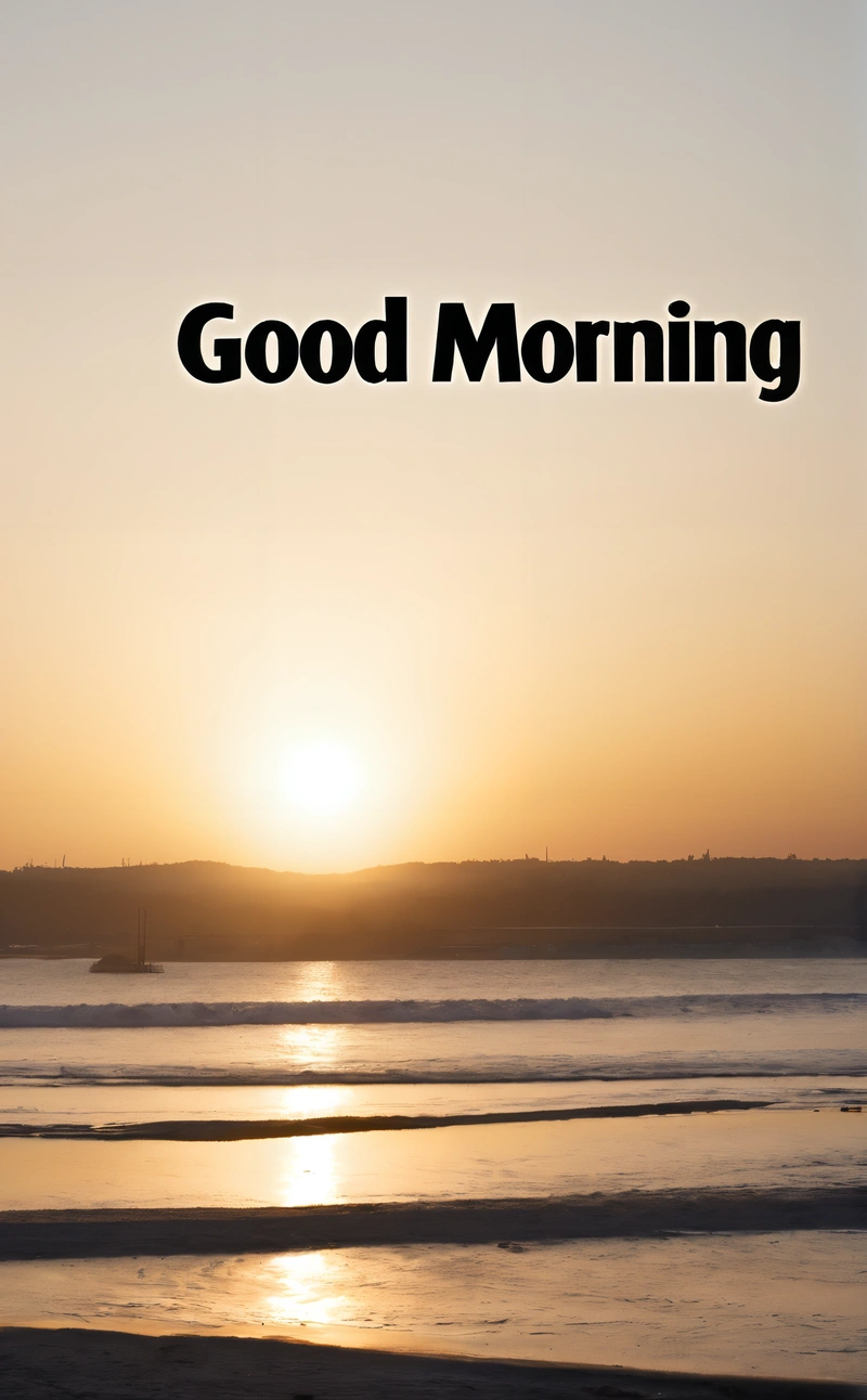 A sunset with the words good morning in the middle of it and a beach in the background with a boat in the water and a person walking on the beach, sunrise, a poster, dau-al-set