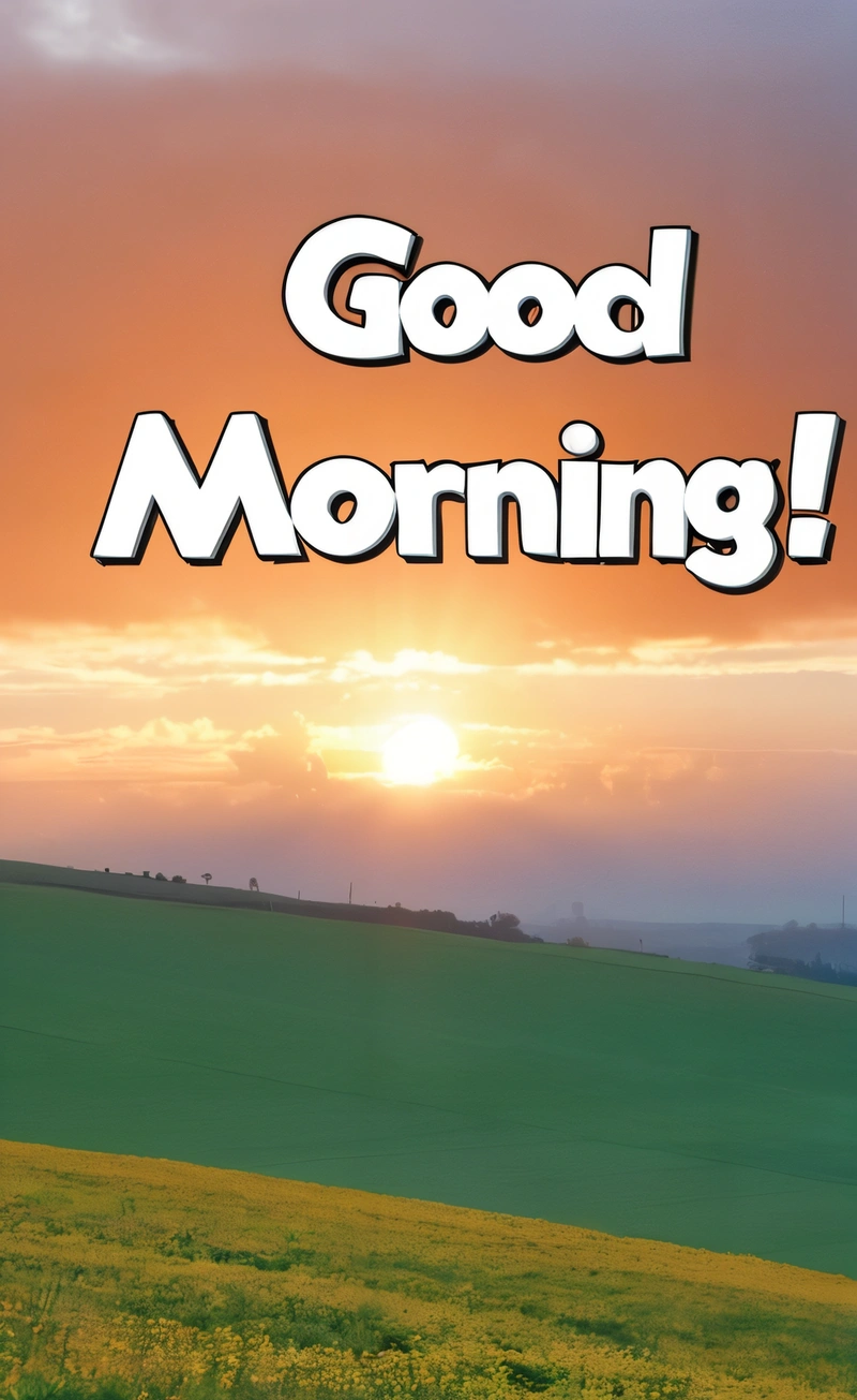 A picture of a sunset with the words good morning in the middle of it and a field of flowers in the background with the sun in the distance, morning, a digital rendering, dau-al-set