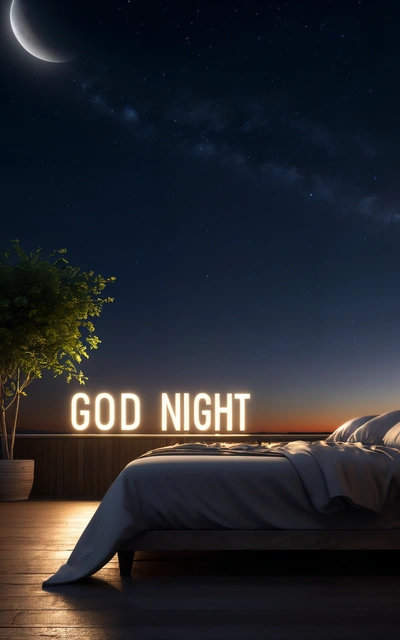 A bed sitting on top of a wooden floor under a night sky with a light up sign above it that says god night on the bed, night, a 3d render, dau-al-set