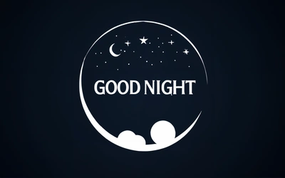 A black and white picture with the words good night in a circle with stars and a moon in the sky above it is a white outline, smooth and clean vector curves, vector art, dau-al-set