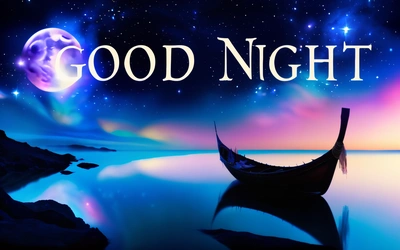 A boat floating on top of a lake under a moon filled sky with the words good night written across it in front of a full moon, night, a digital rendering, space art