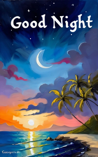 A painting of a beach with palm trees and the words good night on it in white lettering on a blue background with a sunset and a crescent, book cover, poster art, american scene painting
