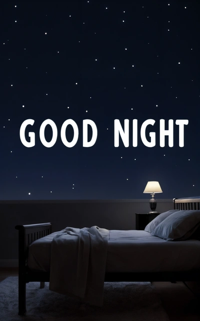 A bed with a night sky background and a good night message above it that reads,'good night'in white letters on a dark night sky with stars, night, a cross stitch, dau-al-set