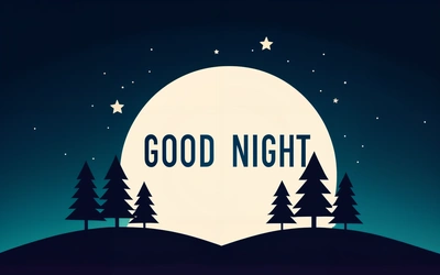 A night scene with trees and the words good night on it in a blue sky with stars and a full moon in the background with the words good night, night, vector art, dau-al-set