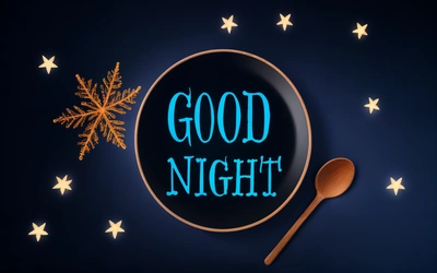 A plate with a spoon and a spoon rest on it with a snowflake in the background and a good night message on the plate, night, a digital rendering, folk art