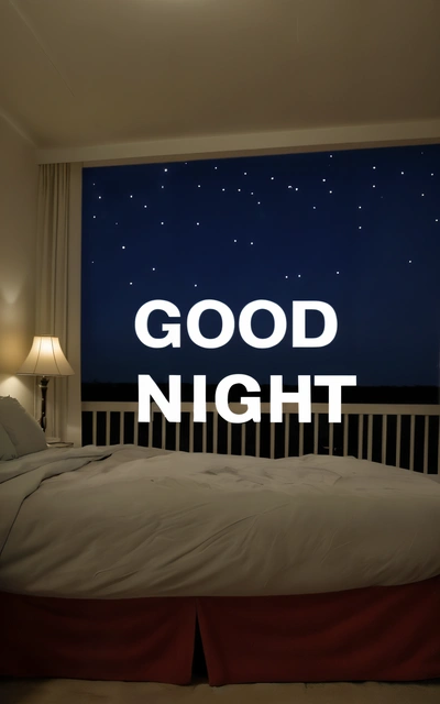 A bed with a night sky view and the words good night on it in white letters above it is a bed with a red skirt, night, a cross stitch, dau-al-set