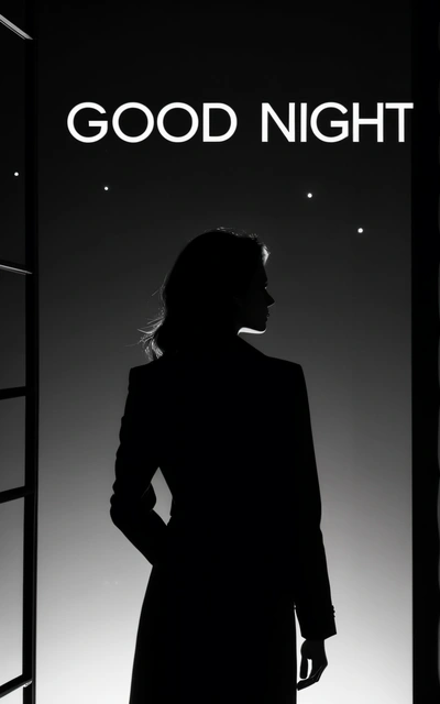A woman standing in front of a window with the words good night on it's side and a ladder in the background with a person standing in the doorway, night, a poster, video art