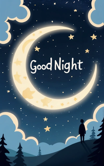 A man standing on a hill looking at the stars and the moon in the sky with the words good night written on it in the middle, night, a storybook illustration, dau-al-set