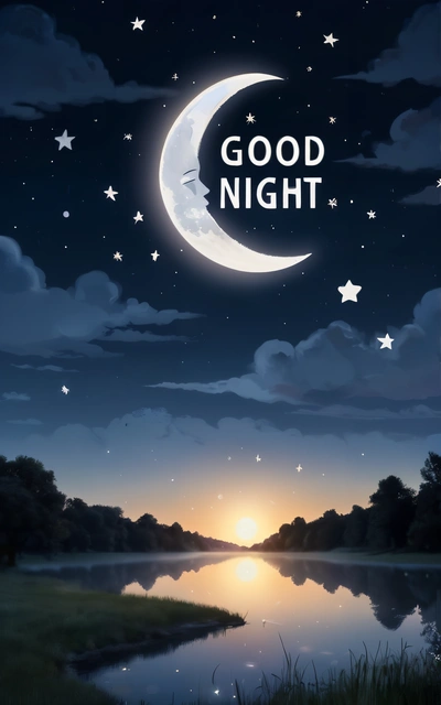 A night scene with a crescent and stars in the sky and a moon in the sky above the water with the words good night written on it, night, a digital rendering, dau-al-set