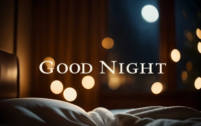 A bed with a white comforter and a night light in the background with the words good night on it in white letters over a bed, night, a digital rendering, dau-al-set