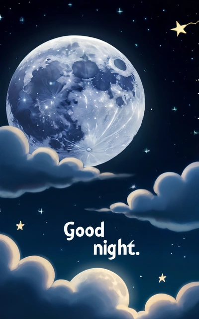 A full moon with a message good night on it's side and stars in the sky above it, and a cloud in the foreground, moon, a screenshot, space art