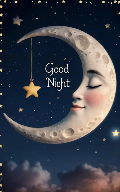 A woman sleeping on the moon with a good night message above it on a night sky background with stars and clouds, with a crescent hanging from a string, night, computer graphics, space art