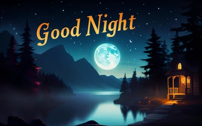 A night scene with a lake and a house with a full moon in the sky and a good night written in the upper right corner, night, a digital rendering, computer art
