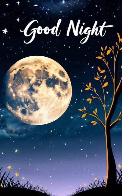 A full moon and a tree with stars in the sky with the words good night written on it in white lettering on a blue background, book cover, a poster, magical realism