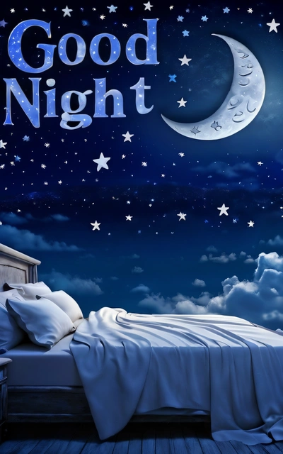 A bed with a night sky background and a moon and stars on it with the words good night written above it on the wall above it, night, a digital rendering, dau-al-set