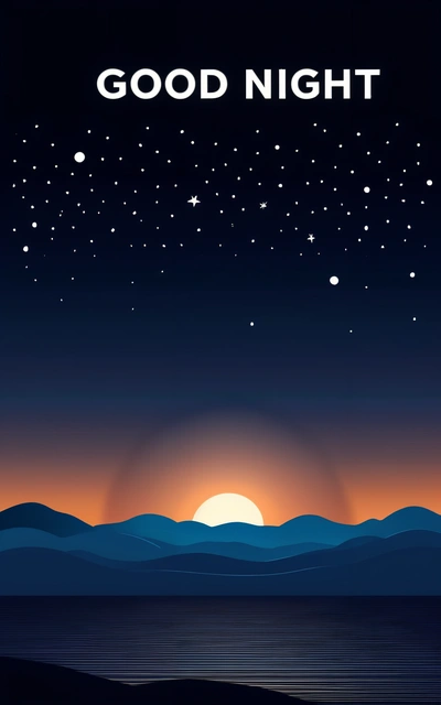 A night sky with stars and the words good night on it, and a mountain range in the background with a full moon and stars, night sky, vector art, dau-al-set