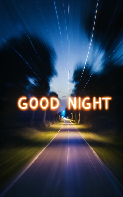 A blurry photo of a road with the words good night on it and a street light in the background with the words good night on it, night, a digital rendering, dau-al-set