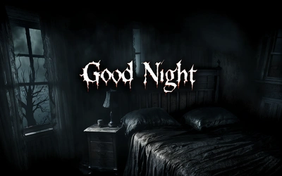 A bed in a dark room with a creepy sign above it that says good night on the wall above it is a night stand with a lamp and a night lamp, night, a digital rendering, gothic art