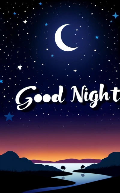 A night scene with the words good night written in white on a blue background with stars and a crescent moon above a river and mountains, night, a digital rendering, dau-al-set