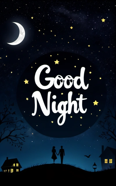 A night scene with a couple standing on a hill and the words good night written in white on a black background with a full moon and stars, night, vector art, folk art