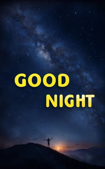 A man standing on top of a hill under a night sky with the words good night written below it in yellow letters on a dark background, night, a poster, space art