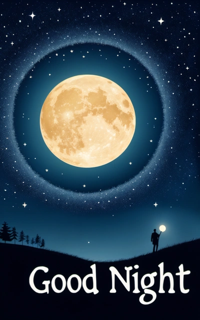 A poster with a man standing on a hill under a full moon and stars in the sky with the words good night written below it, moon, a digital painting, space art