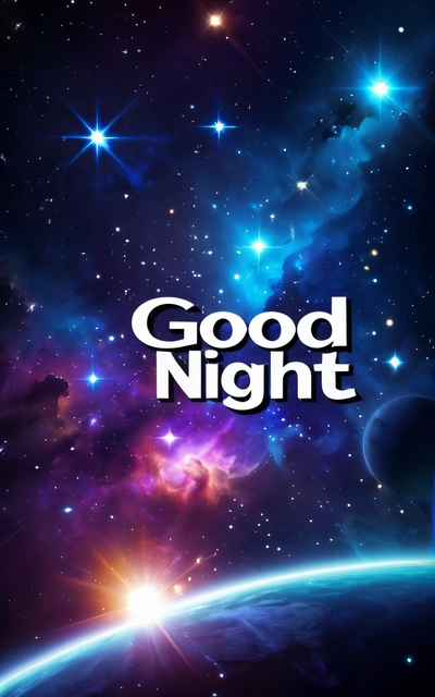 A picture of a space scene with the words good night on it and stars in the background with a bright blue and purple hue with a blue hue, night, computer graphics, space art