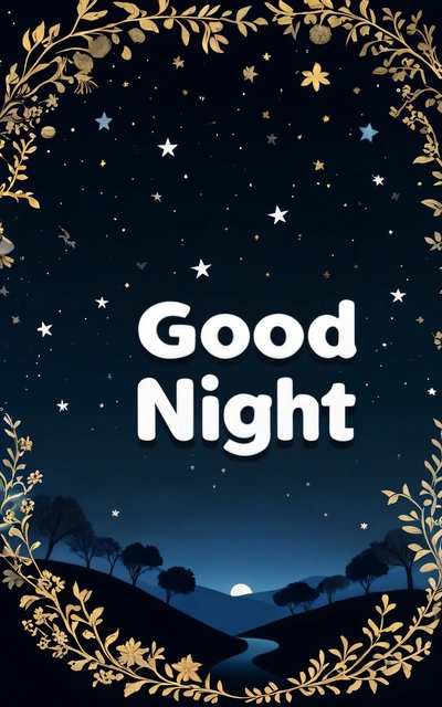 A picture of a night sky with stars and a wreath around it that says good night on the bottom of the picture is a night sky with stars and a moon, night, a storybook illustration, folk art