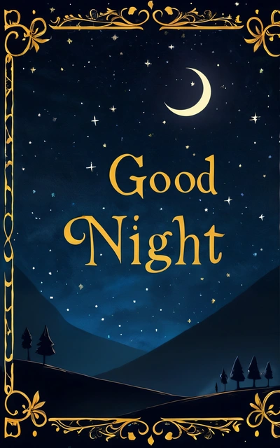 A picture of a night sky with a crescent and stars above it and the words good night written in gold on the bottom of the picture, book cover, a storybook illustration, folk art