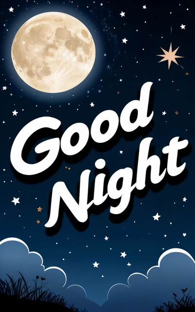 A night scene with the words good night written in white on a blue background with stars and a full moon in the sky above it, night, a poster, dau-al-set