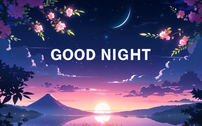 A sunset scene with the words good night in the middle of the image and a mountain in the background with a lake and a moon, colorful flat surreal design, computer graphics, computer art