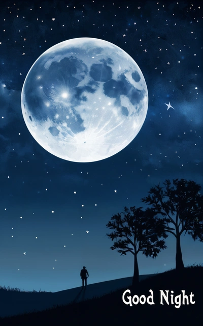 A man standing on a hill under a full moon with stars in the sky above him and a tree in the foreground with the words good night written below, moon, a detailed matte painting, space art