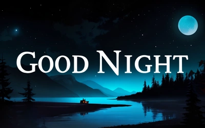 A night scene with the words good night in the middle of the image and a lake in the background with a full moon and a few stars, night, computer graphics, computer art