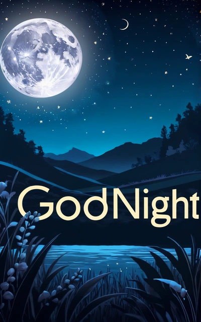 A night scene with the words goodnight written in front of a full moon and a lake with reeds in the foreground and a full moon in the distance, night, a poster, international typographic style