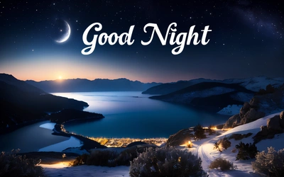 A night scene with a view of a lake and mountains with the words good night written in white on the image and a full moon, night, computer graphics, space art