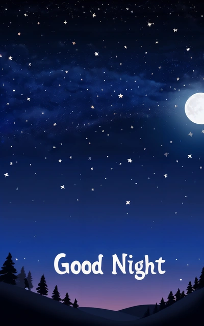 A night sky with stars and a full moon with the words good night written below it in white letters on a blue background with a snowy hill and pine forest, night, a digital rendering, dau-al-set