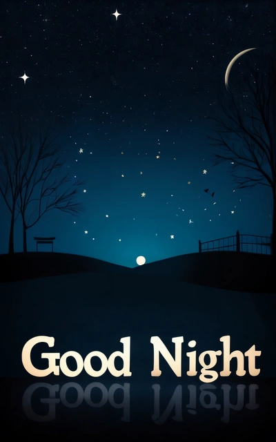 A night scene with the words good night written in white on a blue background with a full moon and stars in the sky above it, night, poster art, folk art